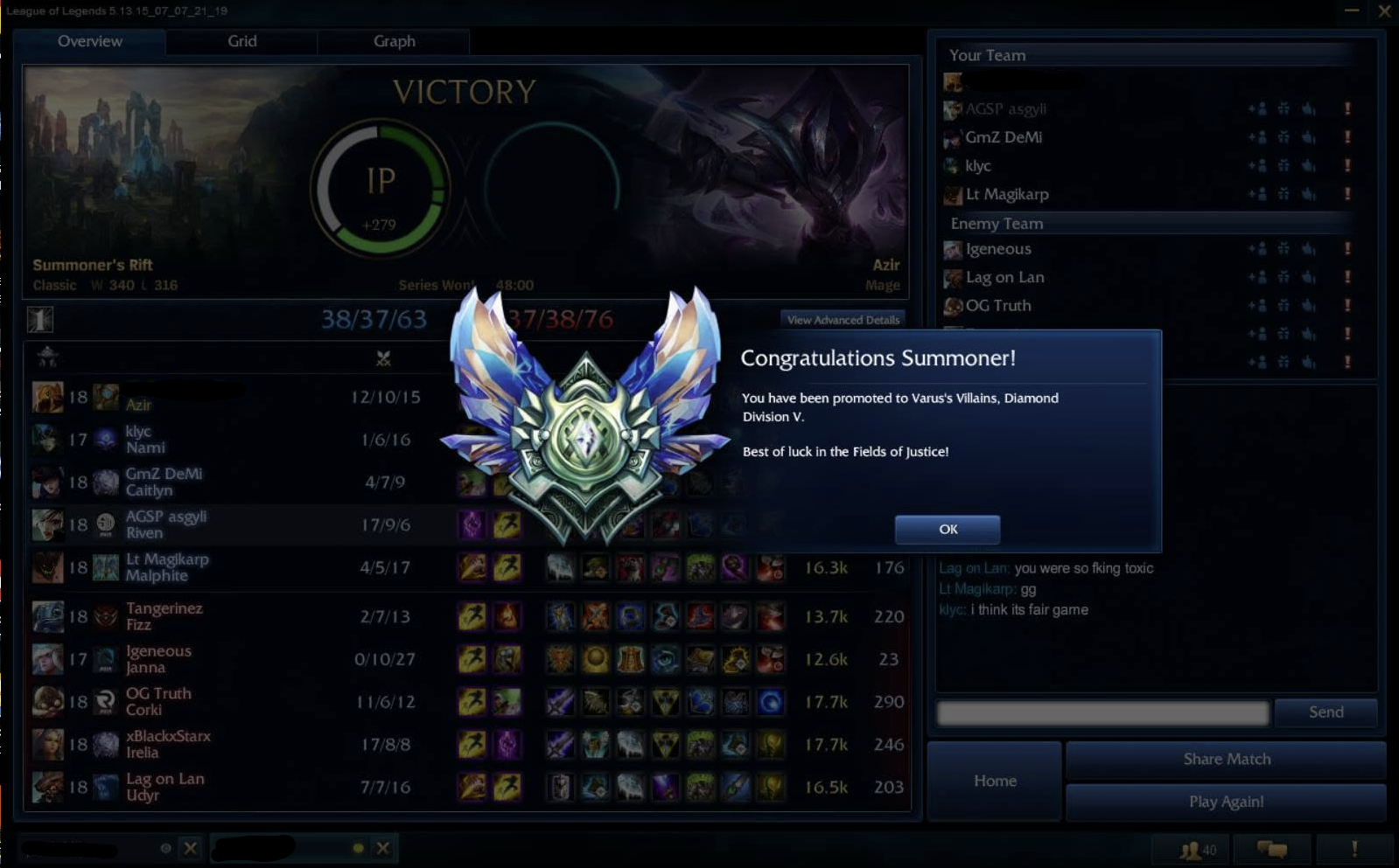 The League of Legends post-game victory screen from 7 July 2015, with the Diamond V crest and a dialog reading: Congratulations Summoner! You have been promoted to Diamond Division V.